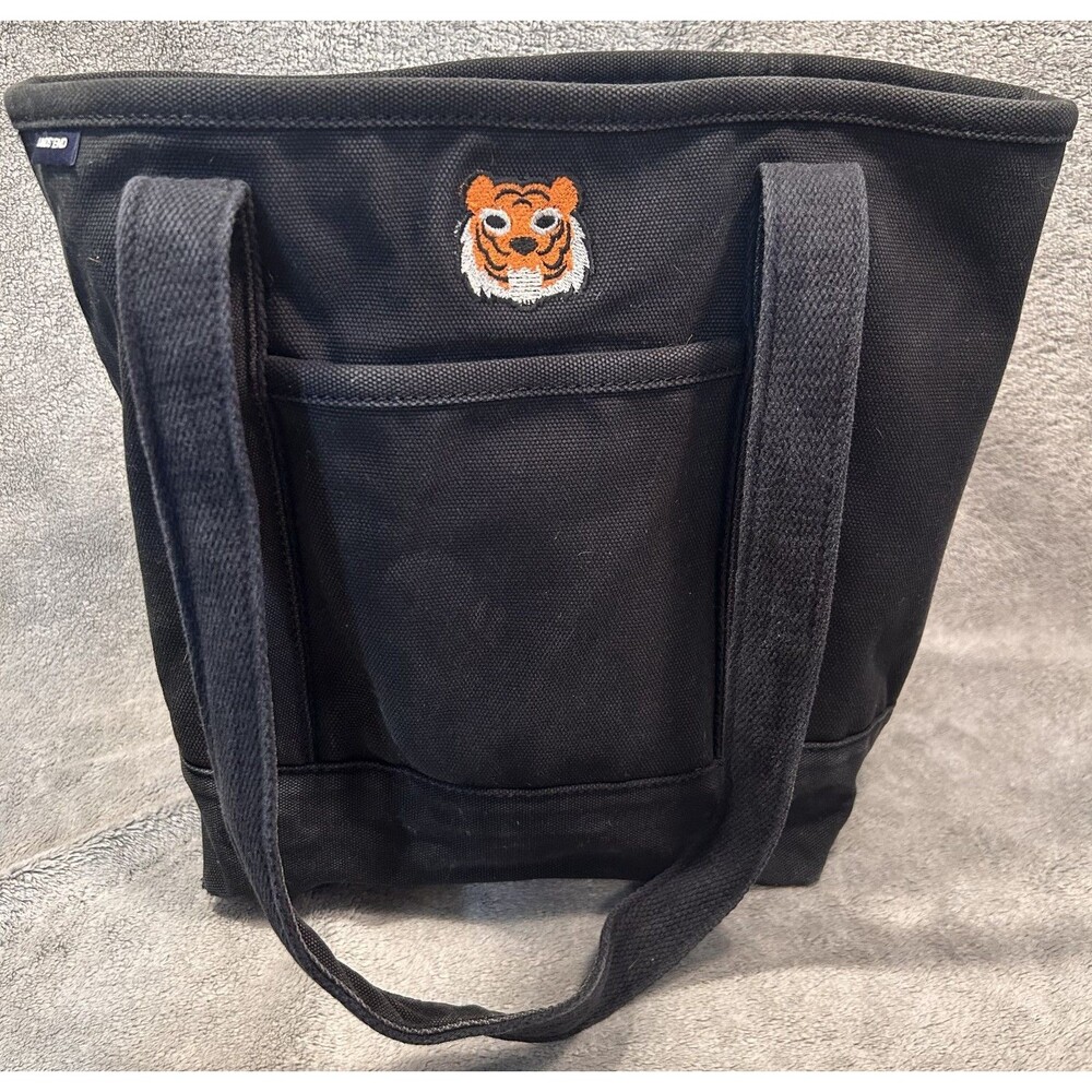 Lands' End Canvas Tote Tiger Patch Natural Black Double Handles